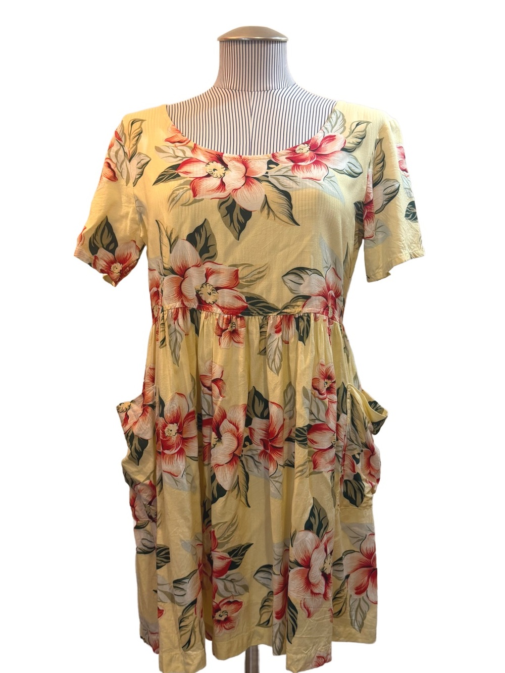 VTG 90s Moda International Butter Yellow Floral Babydoll Mini Dress Pockets Sz S